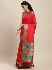 Ethnic Navy Blue Party Wear Saree with Rich Pallu and Contrast Red Zari Border