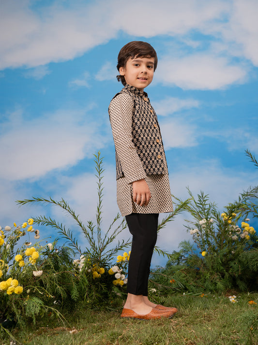 Boys' Black Jacket,Kurta And Pyjama Set.