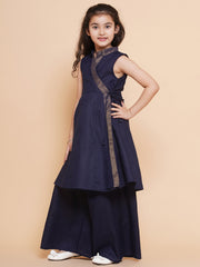 Solid Sleeveless Above Knee Length Cotton Kurta With Palazzo - Navy Blue