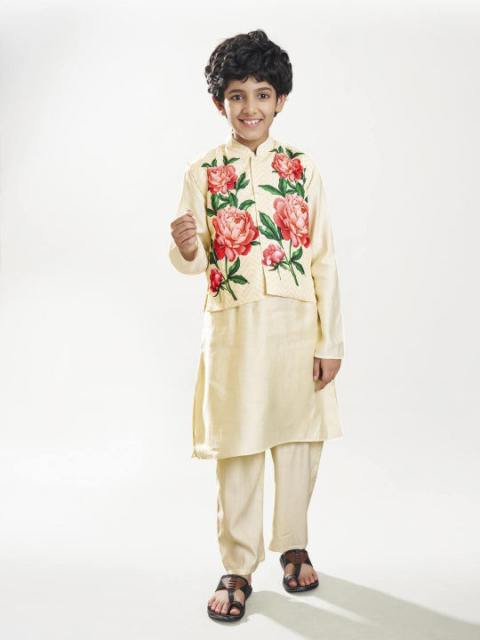 Boys off white kurta pajama with off white floral print jacket
