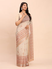Soft Linen Cotton Saree for Women with Blouse | Elegant Cream Beige Saree with Peach Floral Print & Subtle Zari Border | Lightweight Daily & Festive Wear