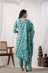 Women Teal  Floral Printed Embroidered Kurta Paired With Chevron Printed Bottom And Dupatta