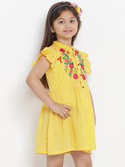 Cotton Blend Woven Half Sleeves Embroidered Flared Frock - Yellow