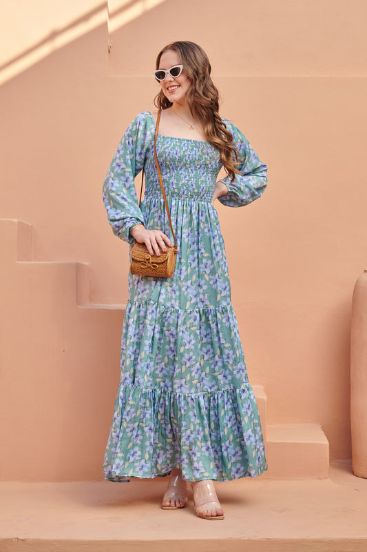 Seagreen Smocked Satin Maxi Dress