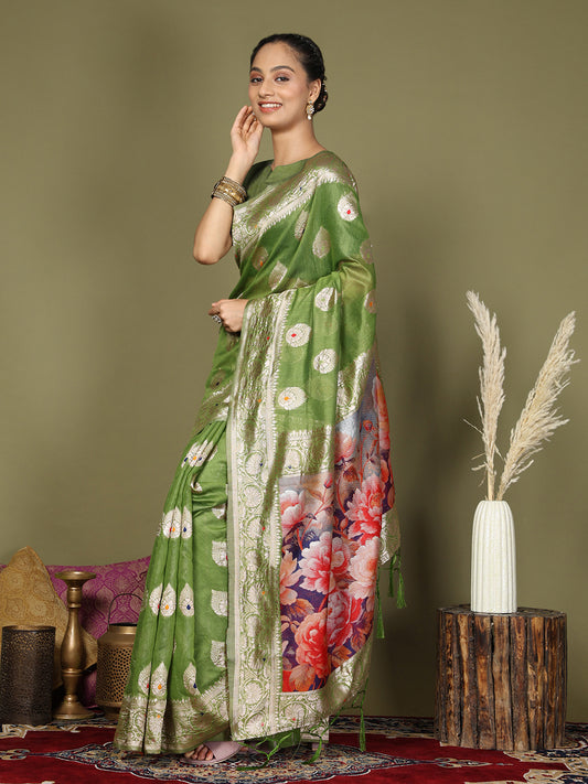 Green Floral Linen Cotton Saree with Zari Border & Digital Printed Pallu – Elegant Sari for Festive Occasions