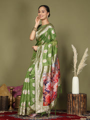 Green Floral Linen Cotton Saree with Zari Border & Digital Printed Pallu – Elegant Sari for Festive Occasions