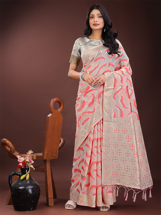 Elegant Beige & Coral Linen Saree with Zari Border and Abstract Pattern – Premium Festive & Office Wear