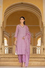 Women Lavender V Neck Thread Embroidered Kurta Paired With Printed Bottom And Dupatta
