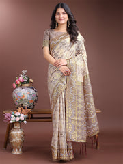 Graceful Beige & Coral Linen Cotton Saree – Lightweight Elegance for Modern Women