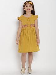 Cotton Blend Woven Half Sleeves Embroidered Flared Frock - Mustard