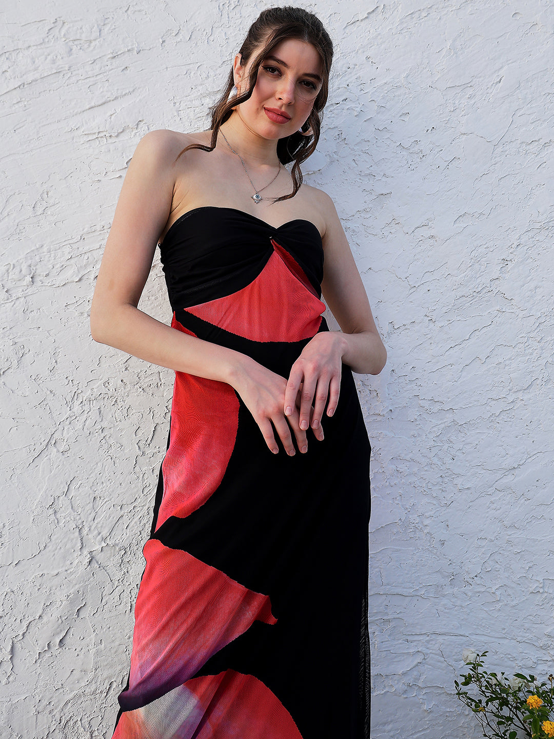 Black Abstract Printed Strapless Maxi Dress