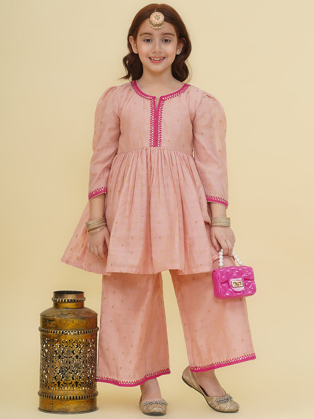 Three-Fourth Sleeves Above Knee Length Silk Kurta With Palazzo - Peach