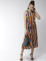 Women's Satin Stripe Print Front Gather Dress