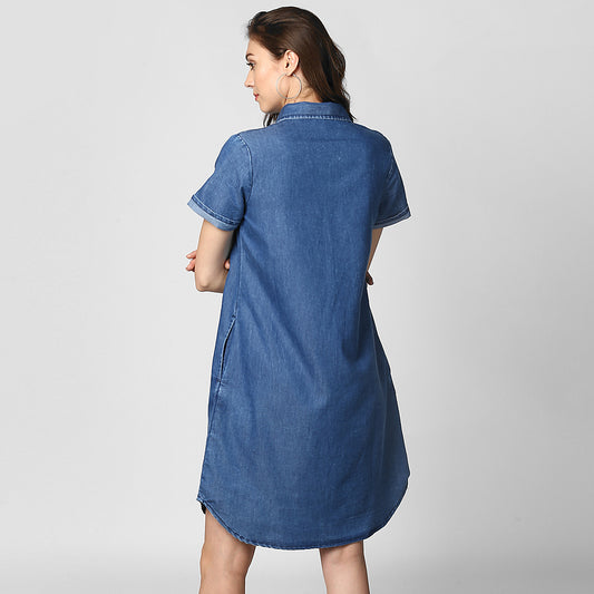 Women's Blue Denim Front Button Shirt Dress