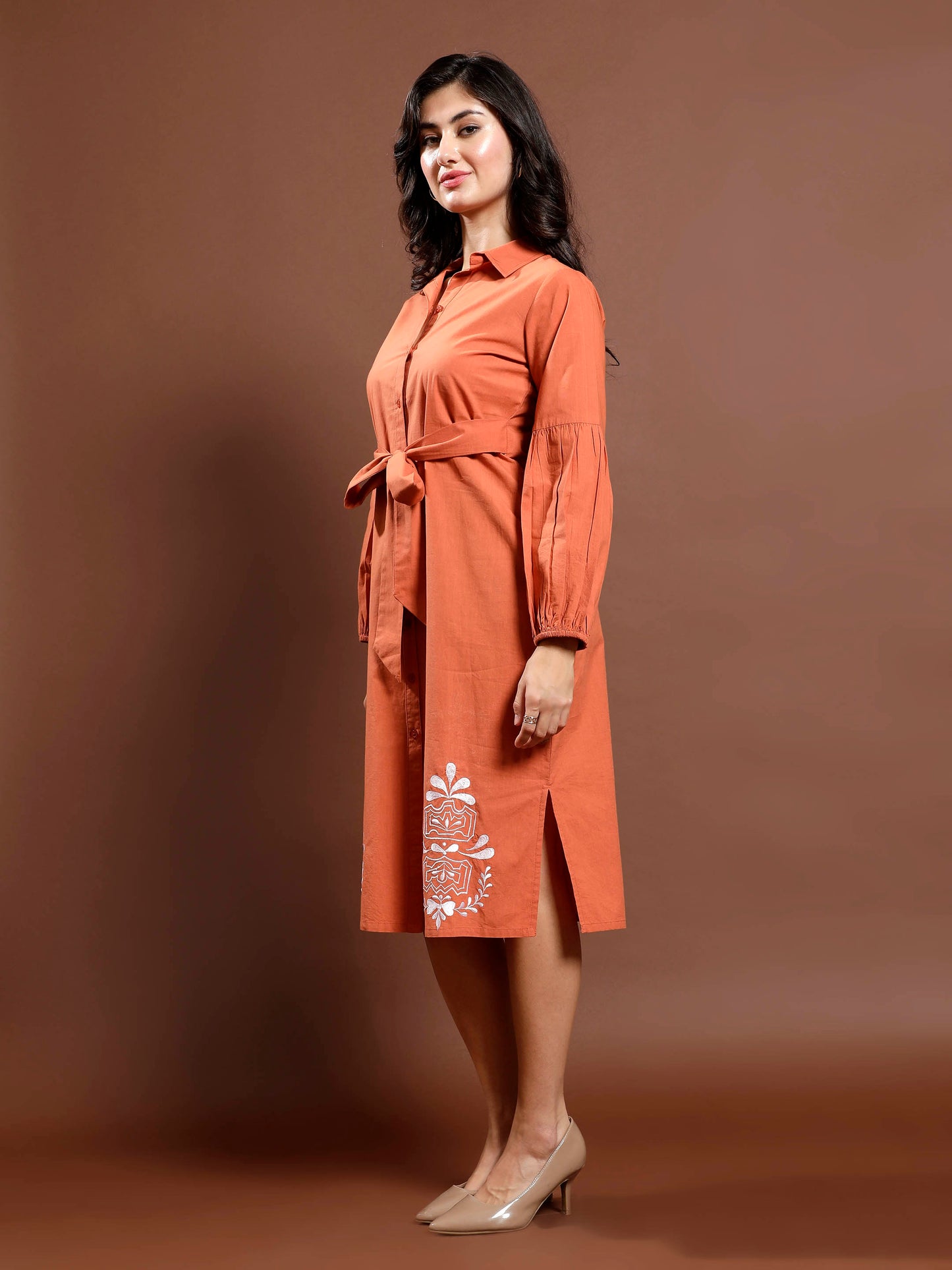 Bohemian Embroidered Puff Sleeve Shirt Midi Dress