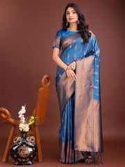 Teal Blue Linen Cotton Saree with Golden Zari Leaf Woven Design & Rich Pallu – Festive Wear | Office Look | Soft Drape