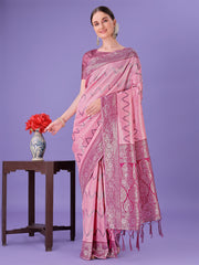 Cream & Green Lichi Silk Saree with Rich Woven Border and Zigzag Pattern – Wedding & Festive Wear
