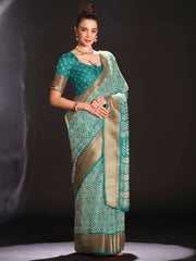 Women's Art Silk Light Blue Printed Designer Saree With Blouse Piece