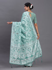 Sky Blue Linen Cotton Saree with Multicolor Elephant & Temple Motifs – Traditional Woven Pallu & Tassels