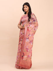 Soft Linen Cotton Saree for Women with Blouse | Elegant Cream Beige Saree with Peach Floral Print & Subtle Zari Border | Lightweight Daily & Festive Wear