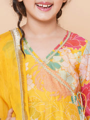 Silk blend Woven Three-Quarter Sleeves Floral Print Flared Kurta And Sharara With Dupatta Set - Yellow