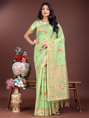 Elegant Sky Blue Linen Saree with Intricate Woven Patterns – Lightweight Grace for Everyday and Festive Moments