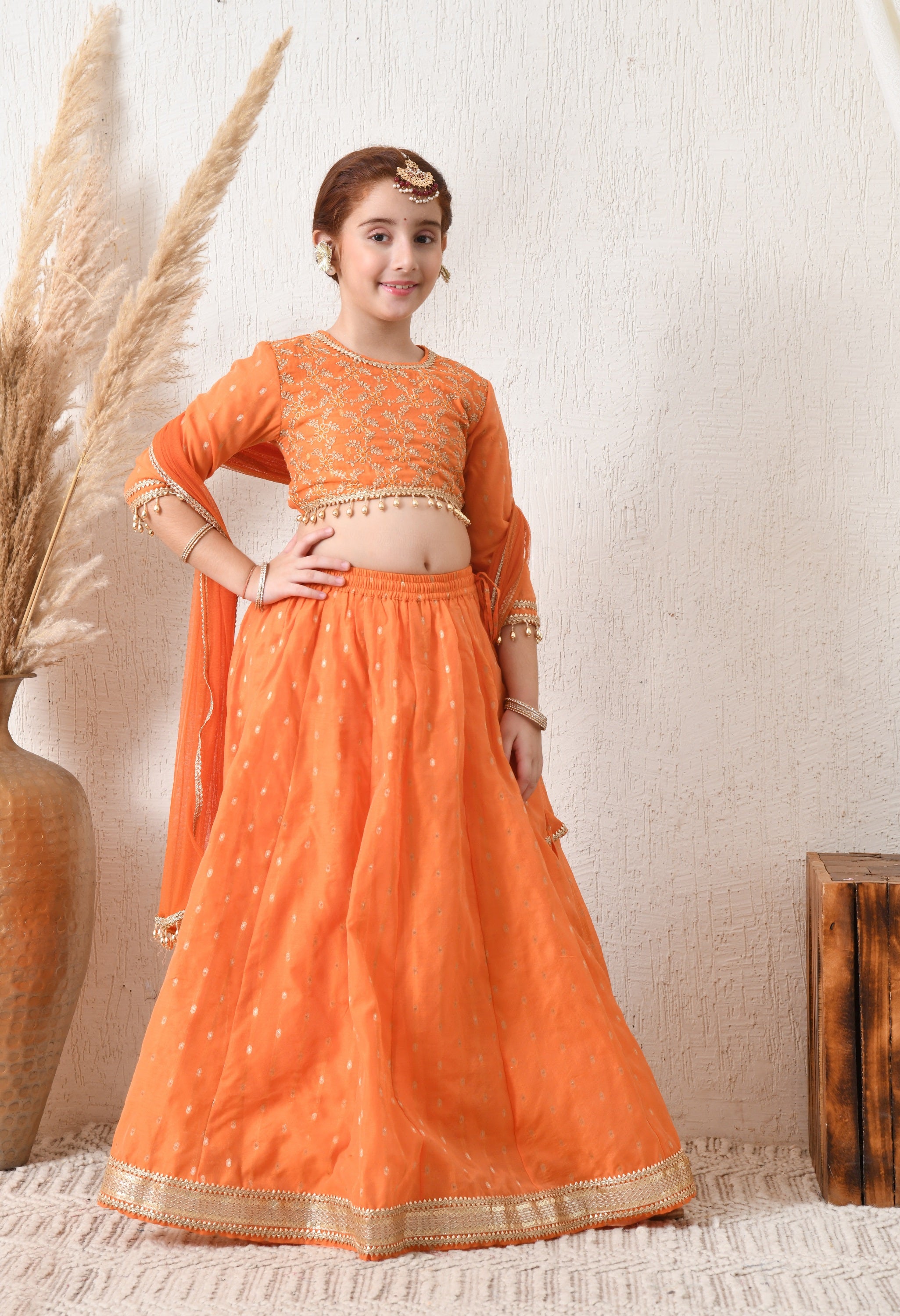 Girls Orange Embroidered Lehenga Choli Set with Net Dupatta