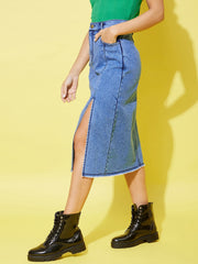 Women's Denim Midi Skirt with Side Slit