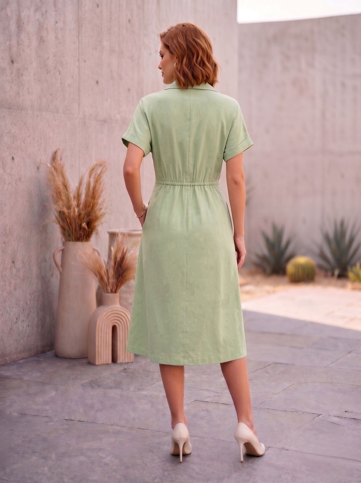 Sea Green Lapel Collar Embellished Dress-ADR-21220