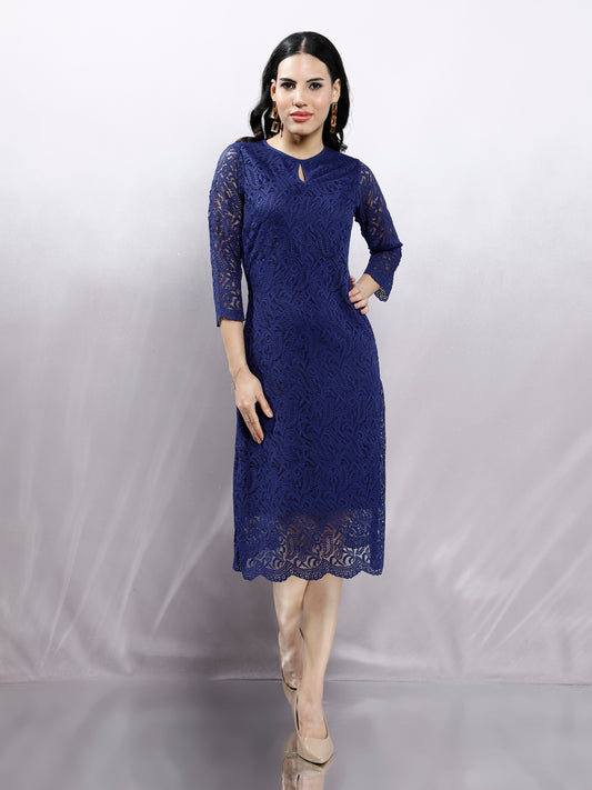 Navy Blue Keyhole Neck Lace Midi Sheath Dress