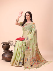 Linen Saree with Multicolor Weaving & Zari Pallu - Elegant & Lightweight for Everyday Grace