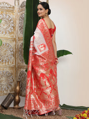 Premium Woven Linen Cotton Saree with Traditional Zari Border – Elegant Festive Look Perfect for Durga Puja, Navratri & Bengali Celebrations