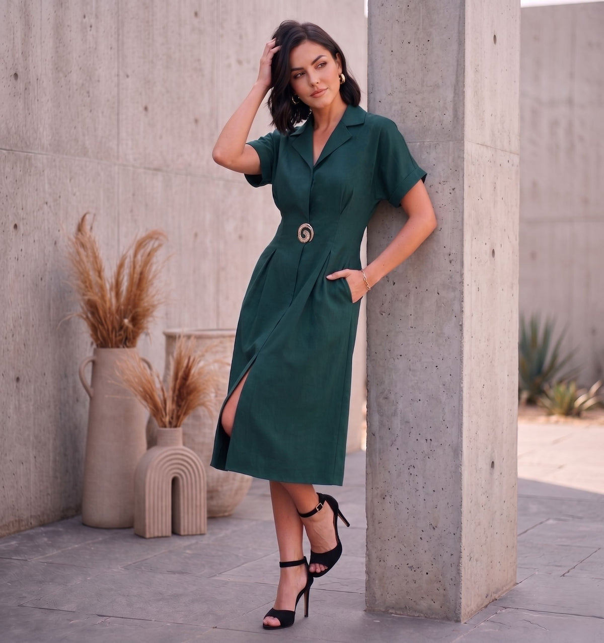 Teal Lapel Collar Embellished Dress-ADR-21219