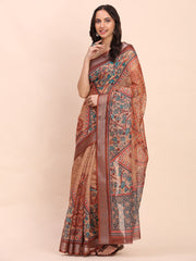 Rust Cotton Cotton Saree with Tribal Floral Print | Bold Ethnic Design | Lightweight Casual & Festive Saree for Women