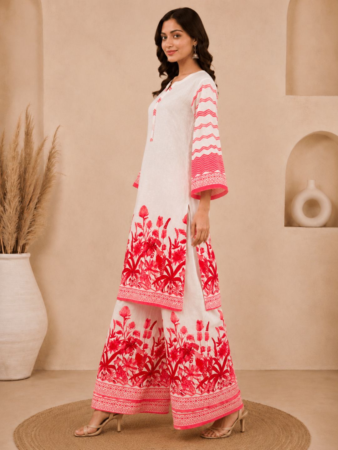 Off White Printed Cotton Straight Kurta Set