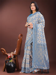 Blue Linen Saree with Rich Woven Zari Work – Elegant Ethnic Saree for Festive & Office Wear