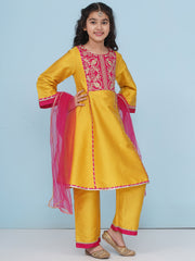 Solid Three-Fourth Sleeves Above Knee Length Silk Kurta & Trousers With Dupatta - Yellow