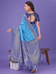 Vibrant Yellow & Blue Lichi Silk Saree with Rich Woven Border and Contrast Blouse – Festive & Wedding Wear