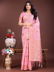 Elegant Sky Blue Linen Saree with Intricate Woven Patterns – Lightweight Grace for Everyday and Festive Moments