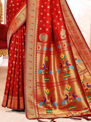 Pink Kanjivaram Silk Saree with Golden Zari and Colorful Peacock Woven Pallu Design