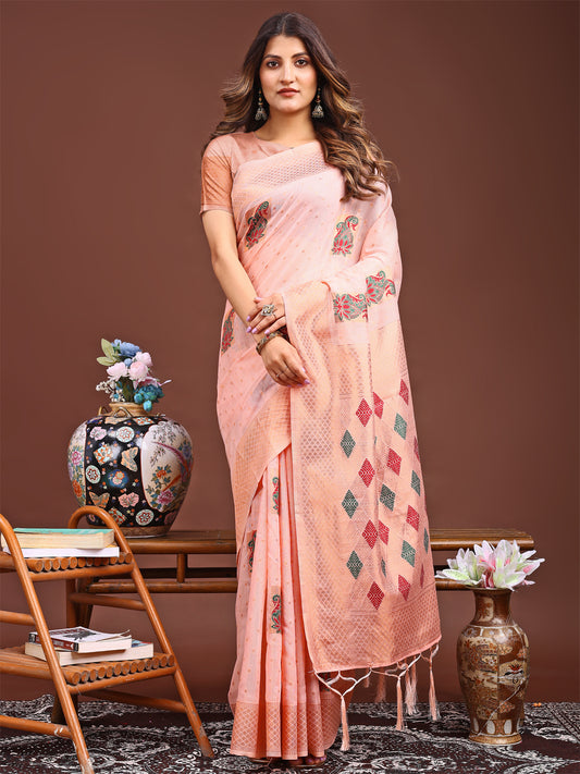 Peach Jaquard Saree with Tassels – Radiate Soft Elegance and Timeless Beauty