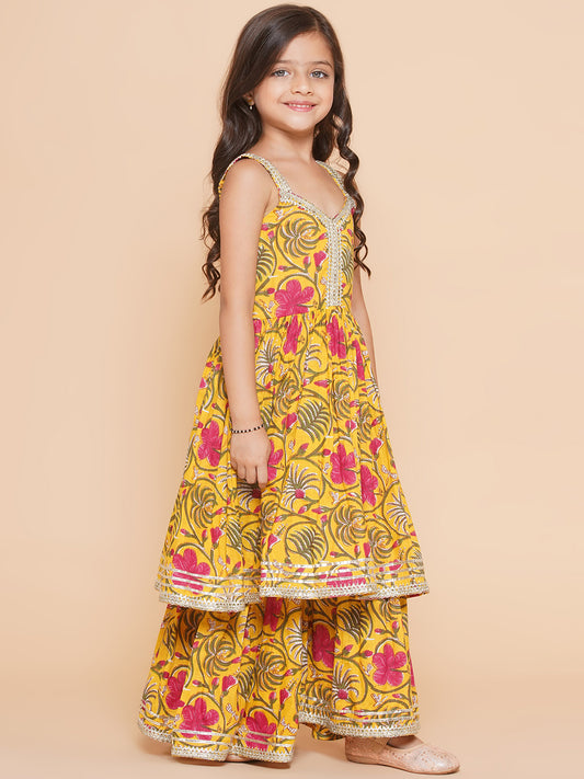 cotton  Woven Sleeveless Floral Print A Line Kurta And Sharara With Dupatta Set - Yellow