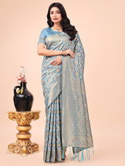 Graceful Pink Lichi Silk Saree with Contrast Blue Woven Border & Floral Zari Design – Wedding & Festive Wear