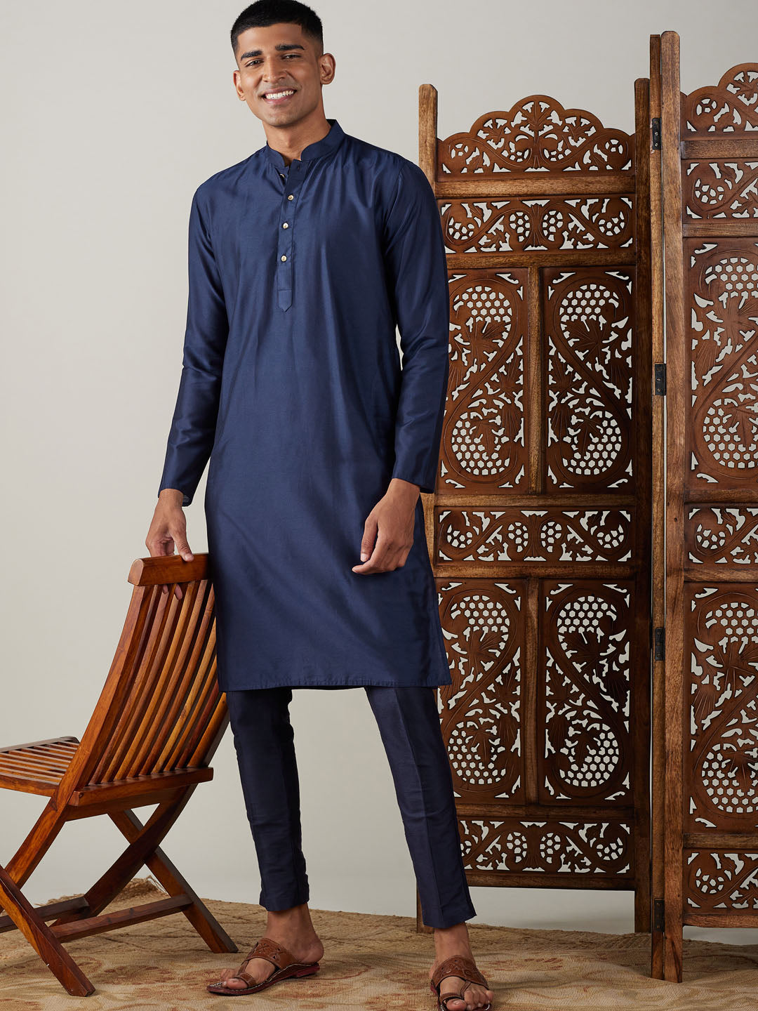 Vastramay - Men's Navy Blue Viscose Kurta Only