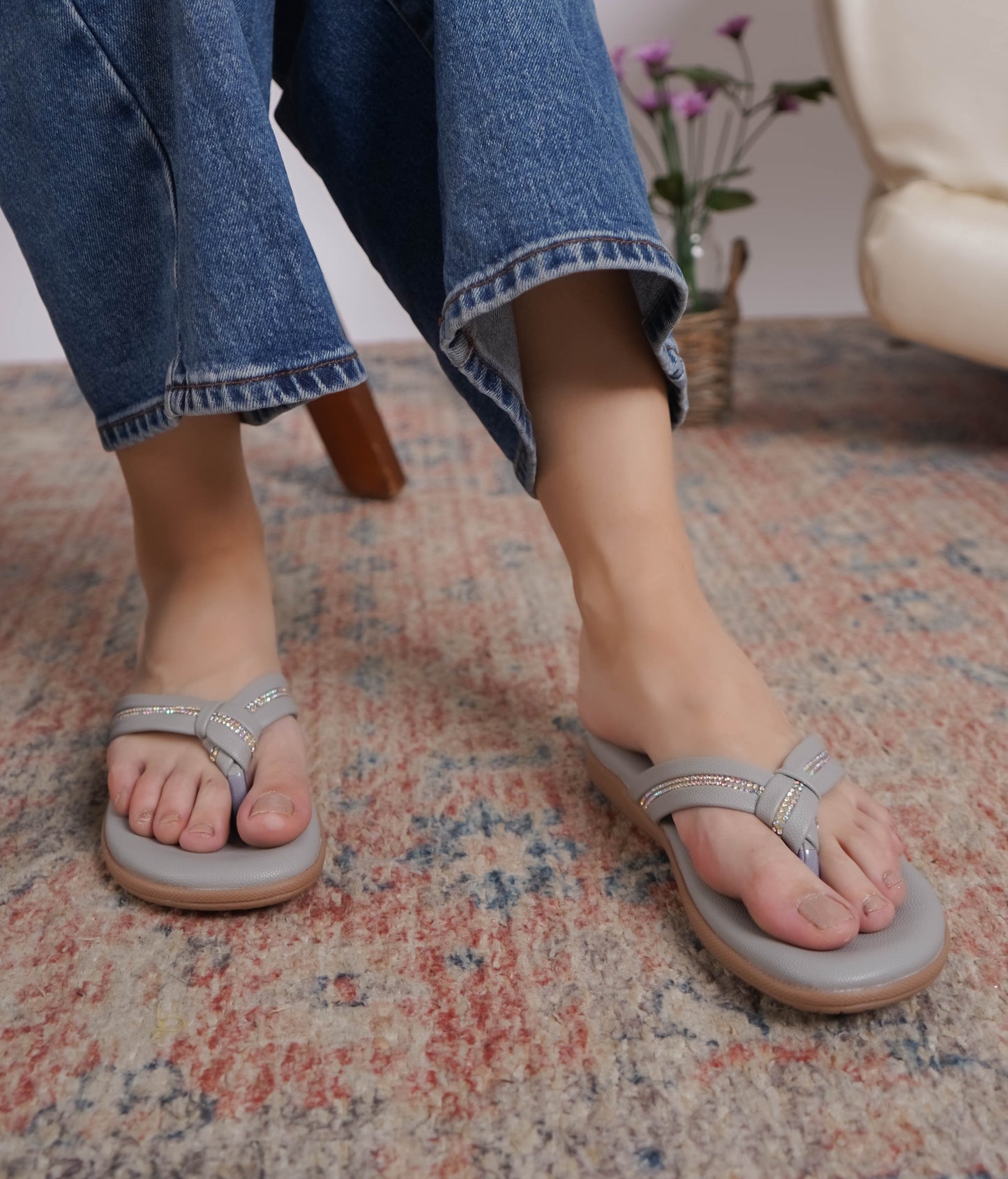 Casual Grey One Toe Flats Round Toe Slip-On Flats