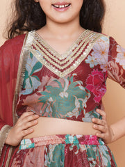 Girls Maroon Digital Multi Flower Printed Choli Lehenga with Maroon Dupatta
