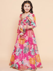 Girls Pink Flower Digital Multi Print Lace work Choli with Ready to wear Lehenga.