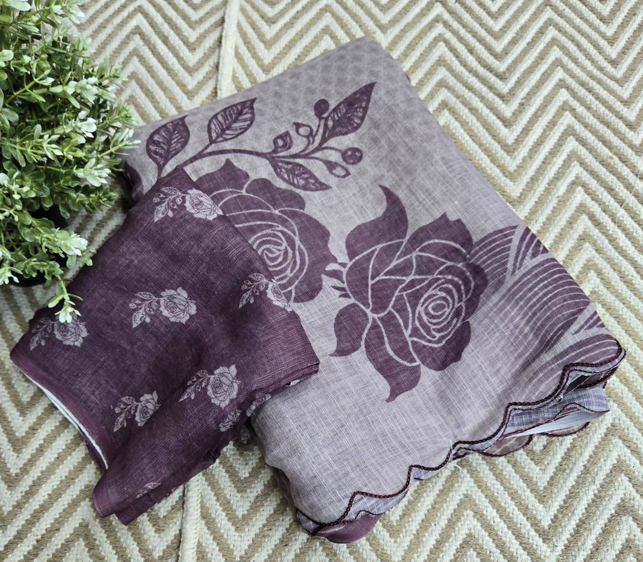 Soft linen saree with shaded style prints and cutwork