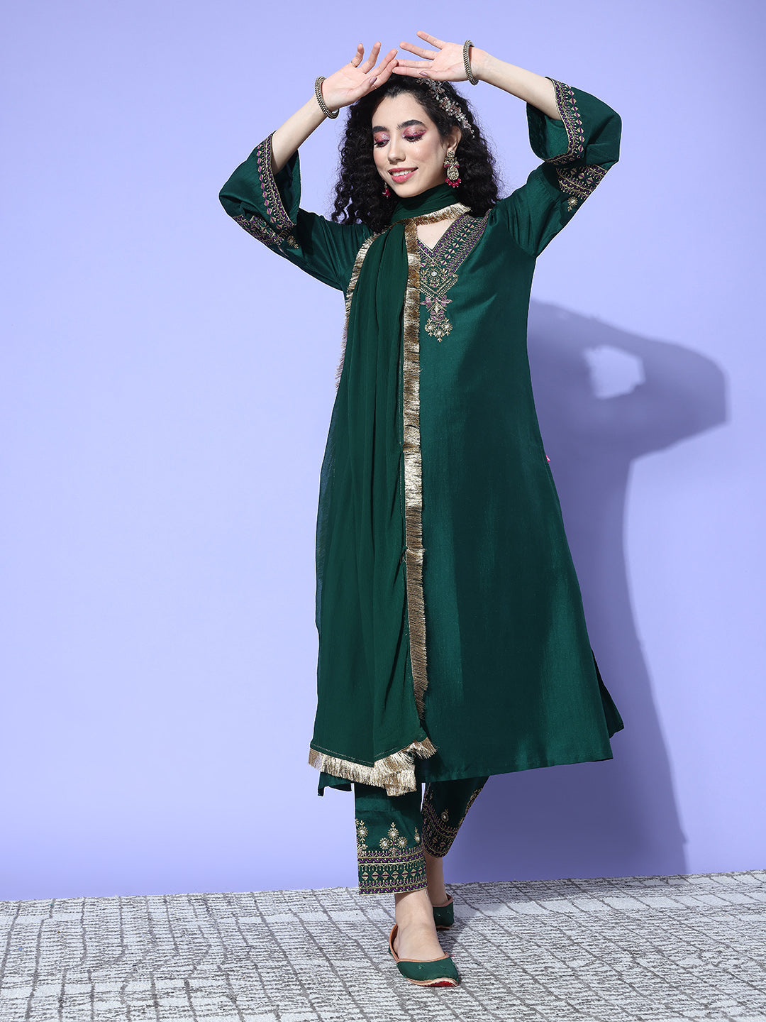 Women Green Embroidered Straight Kurta   Paired With Tonal Embroidered Bottom And With Tonal  Chiffon Dotted Dupatta