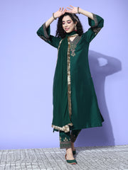 Women Green Embroidered Straight Kurta   Paired With Tonal Embroidered Bottom And With Tonal  Chiffon Dotted Dupatta